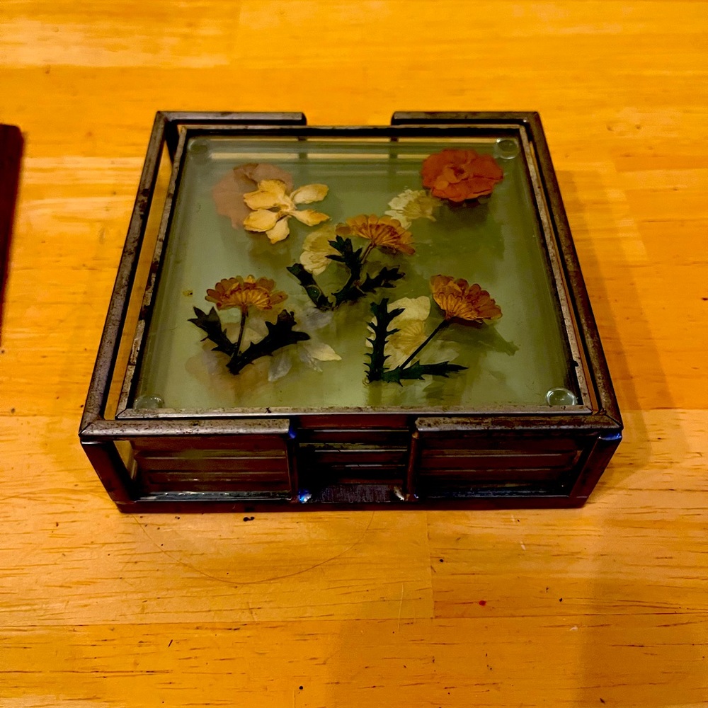 Vintage pressed flowers in glass, coaster set with holder